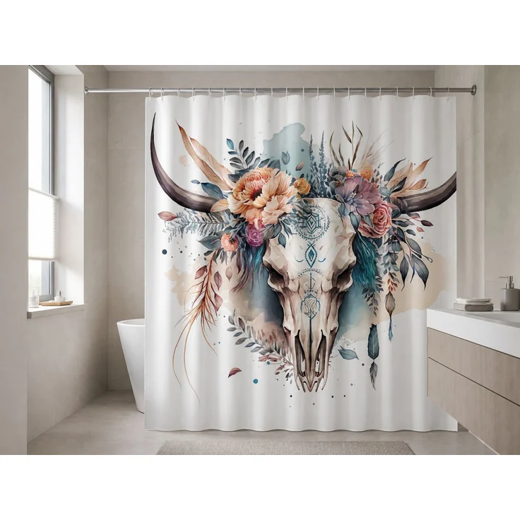 Wasserdichter Duschvorhang mit Boho-Stierkopf-Motiv Mehrfarbig 180 x 180 cm – Bild 2