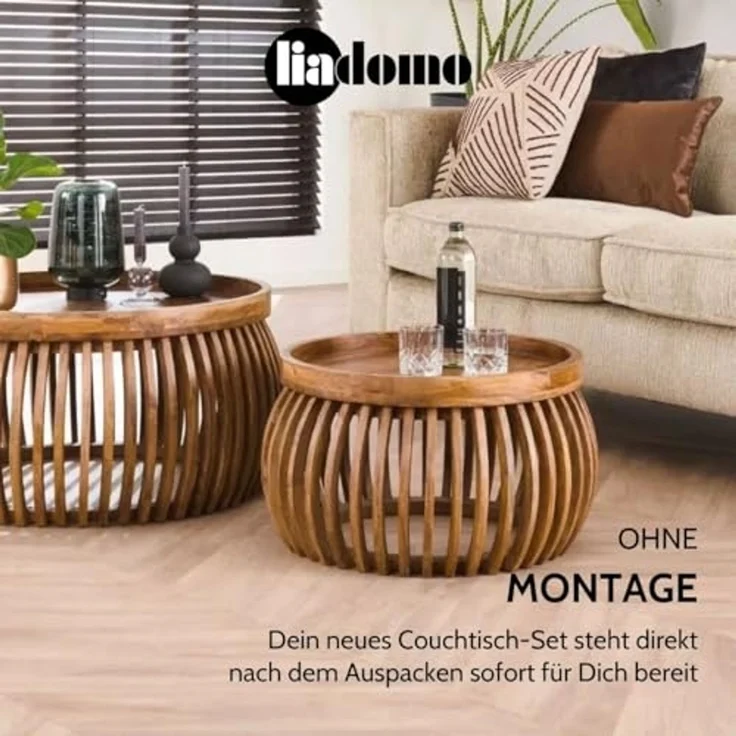 Liadomo Couchtisch Laos (2-St, 2er-Set), Mangoholz massiv, runde Platte und Form, Holzstreben – Bild 6