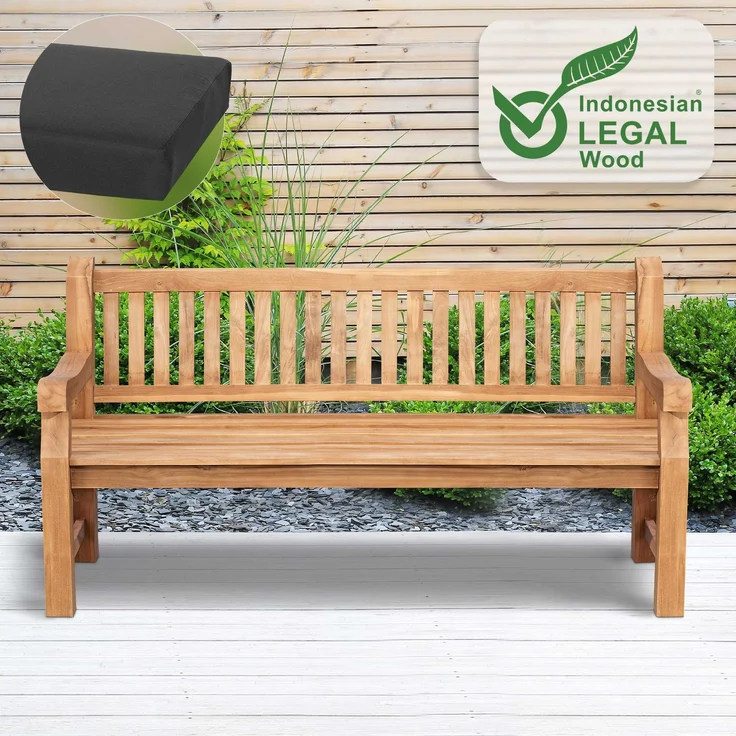 Gartenbank Teakbank DABEL - Holz Dunkelgrau 180x61x93 cm | Holzbank 180 Cm Mit Sitzkissen Gartenbank Sitzbank Mit Lehne Wetterfest Bank Garten – Bild 6