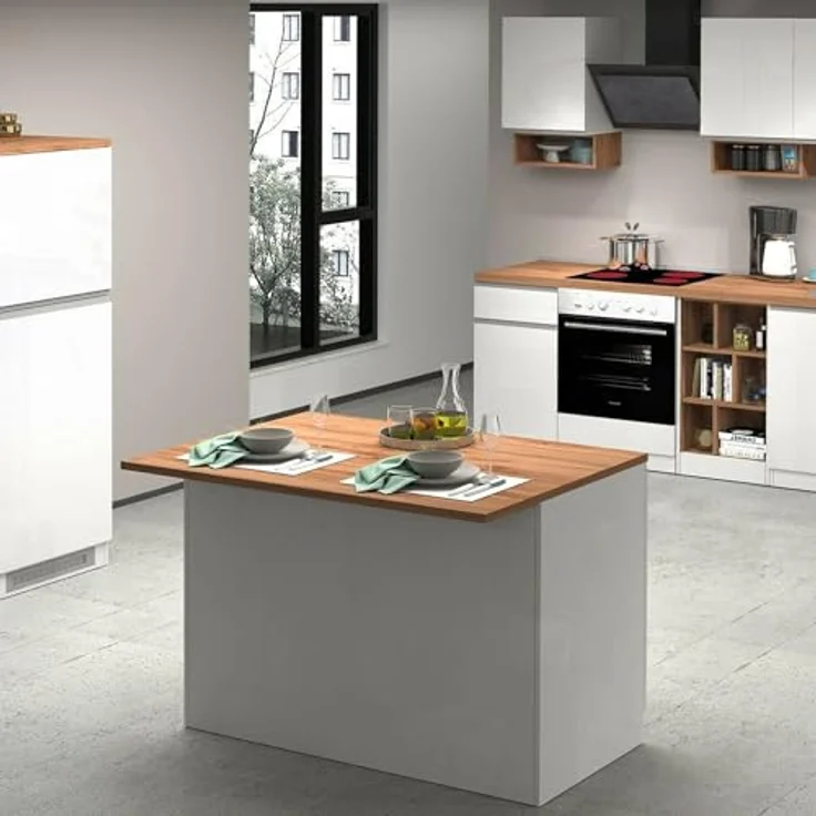 Dmora - Kücheninsel Emmanuel, Mehrzweckschrank, Küchenzeile Schrank, Zusätzlicher Tisch, 100% Made in Italy, 125 x 90 x 90 cm, glänzendes Weiß und Eiche – Bild 6