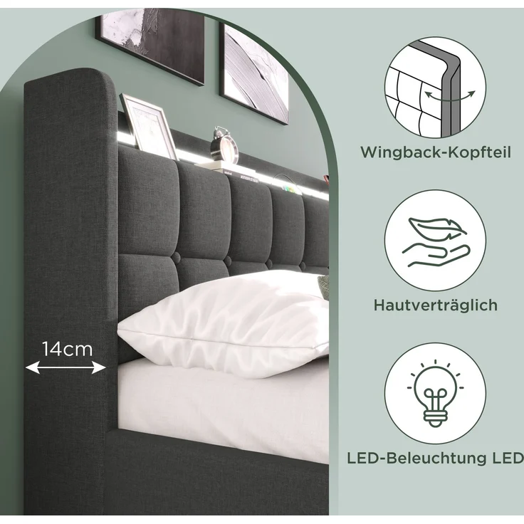 Einzelbett 90 × 200 cm mit Steckdosen,USB-Anschlüssen und LED-Beleuchtung,2 Schubladen,Leinenbezug in Grau – Bild 6