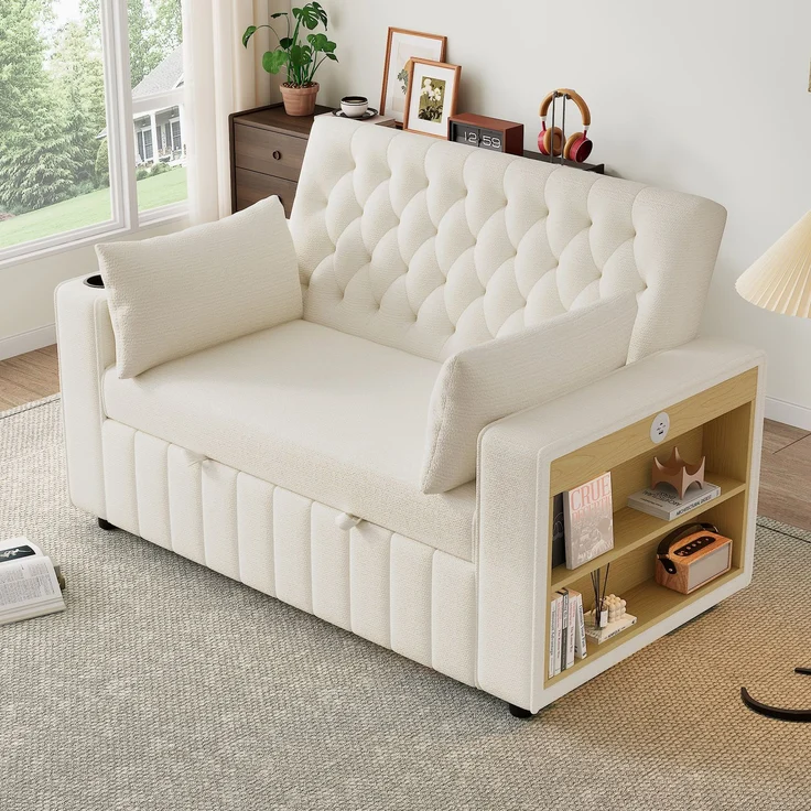 Wohnora-Multifunktionales Schlafsofa, modernes Klappsofa mit Stauraum und Schlaffunktion, Getränkehalter, USB-Ladeanschluss und Kissen, platzsparende Couch für Wohnzimmer, Schlafzimmer und Gästezimmer, Beige,H 84cm x T 140cm x B 137cm – Bild 2