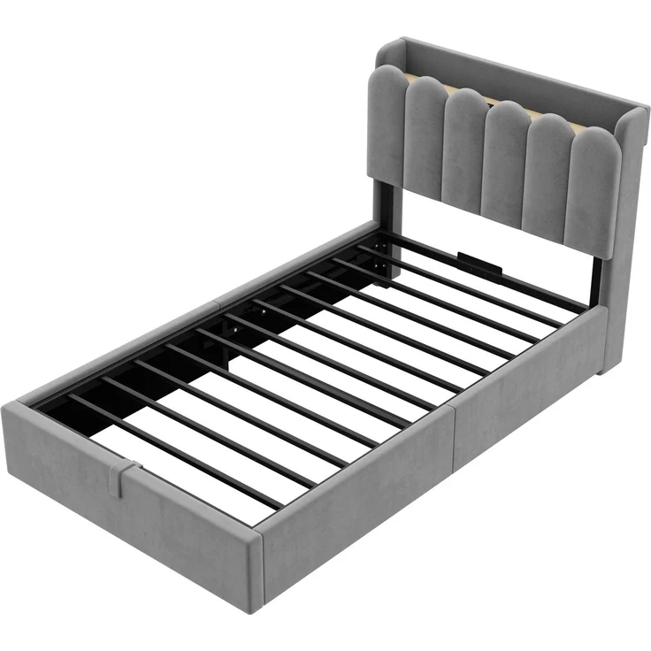 CHICFURN Polsterbett aus Samt grau 90x200 cm mit Bettkasten, LED-Beleuchtung und USB- und Type-C-Anschlüssen – Bild 8