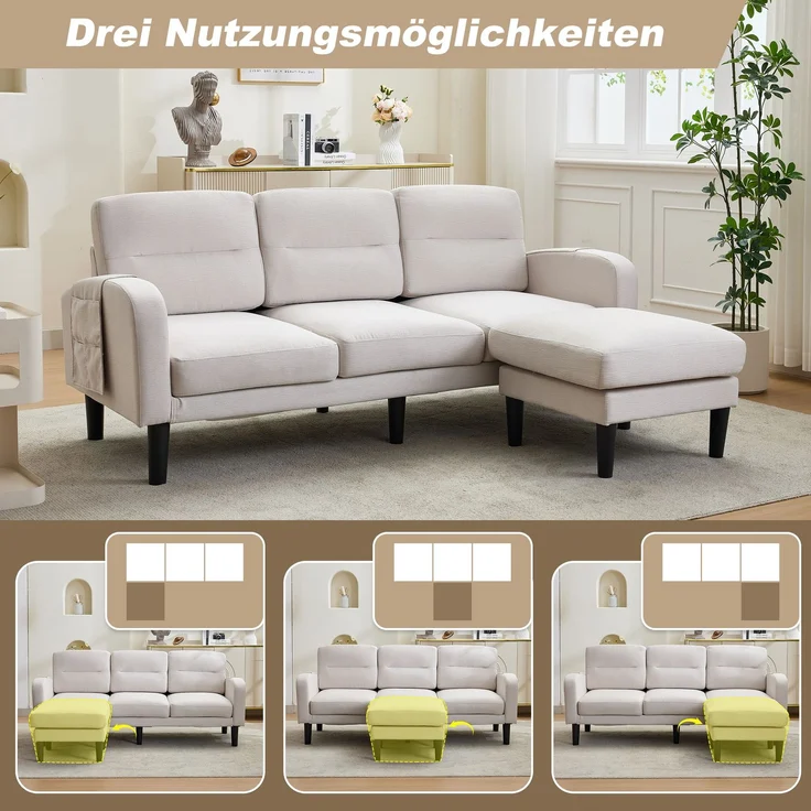 Merax 204cm Ecksofa, L-Form Sofa, 3-Sitzer mit Chaiselongue, kleines Ecksofa aus, An der Seite befindet sich eine Aufbewahrungstasche, 10 Sofabeine, Beige – Bild 5