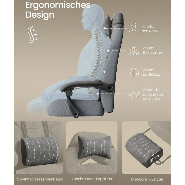 SONGMICS Gaming-Stuhl, Bürostuhl, Computerstuhl, ergonomisches Design, mit Fußstütze, verstellbares Kopfkissen – Bild 6