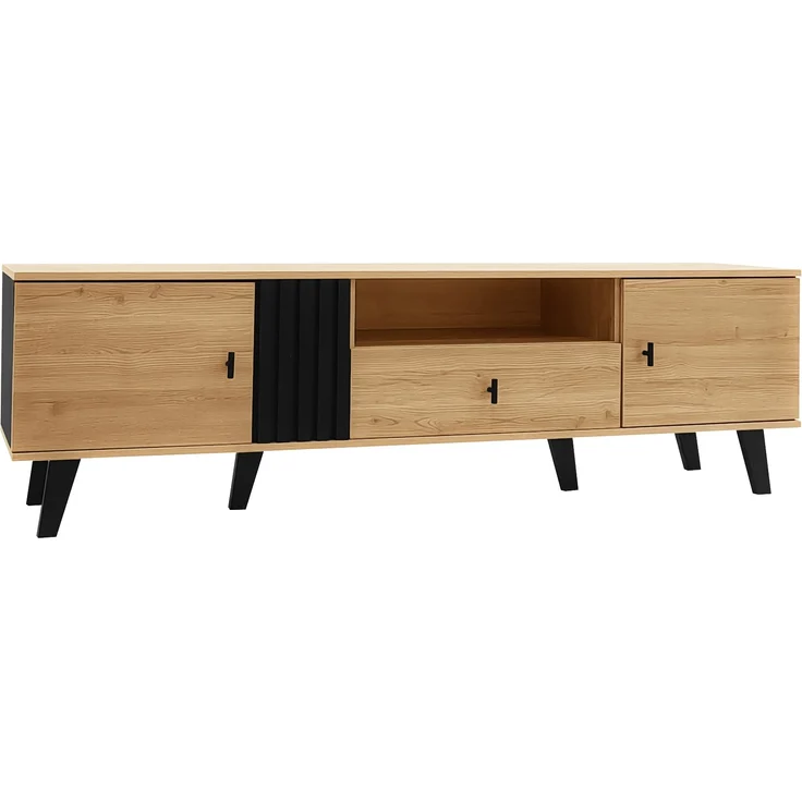 TV-Lowboard aus Spanplatte mit Glas, 2 Türen & Schublade, 170x40x50,5 cm, Natur/Schwarz – Bild 6