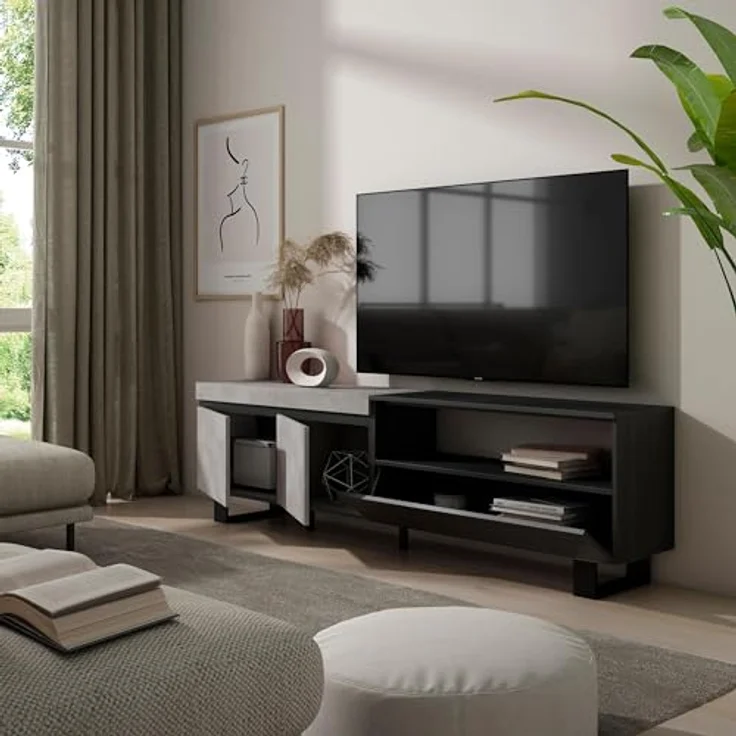 Skraut Home | TV-Schrank, Lowboard | für Wohnzimmer und Esszimmer | 200x57x35cm | Für TV-Geräte bis zu 80" | Industriedesign | Moderner Stil | Zement – Bild 4