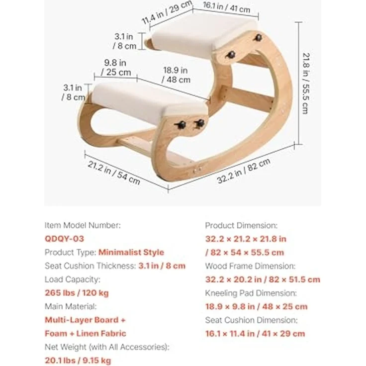 VEVOR Ergonomischer Kniehocker mit Dicken, Integrierten Schaumstoffpolstern & Massivholzrahmen, Höheneinstellbarer Kniestuhl zur Entlastung von Nacken und Rücken, Ideal für Zuhause, Büro, Beige – Bild 3
