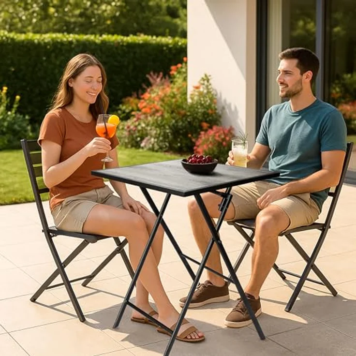 BRUBAKER Gartentisch Bergamo - 58 x 58 cm Balkontisch mit Holz Optik - Wetterfest (1-St, Klapptisch für Balkon, Terrasse - Bistrotisch), Metall Beistelltisch klappbar - Campingtisch eckig – Bild 3