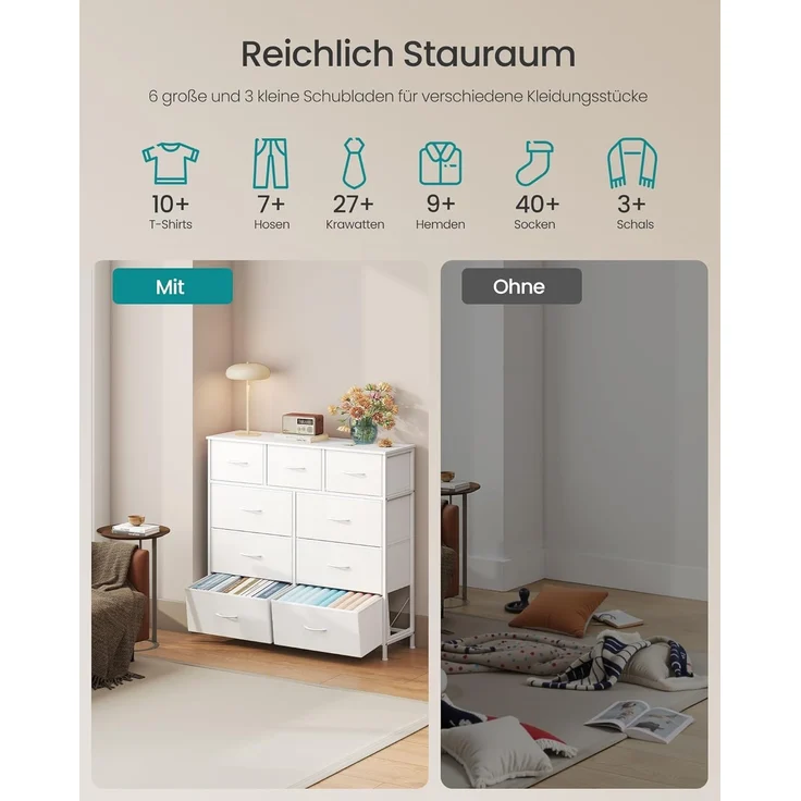 SONGMICS Kommode, Schrank, 9 Stoffschubladen, Aufbewahrungsschrank, Stahl, MDF, Vliesstoff, für Schlafzimmer, Flur, Wohnzimmer, wolkenweiß-schneeweiß LGS324WH01 – Bild 4