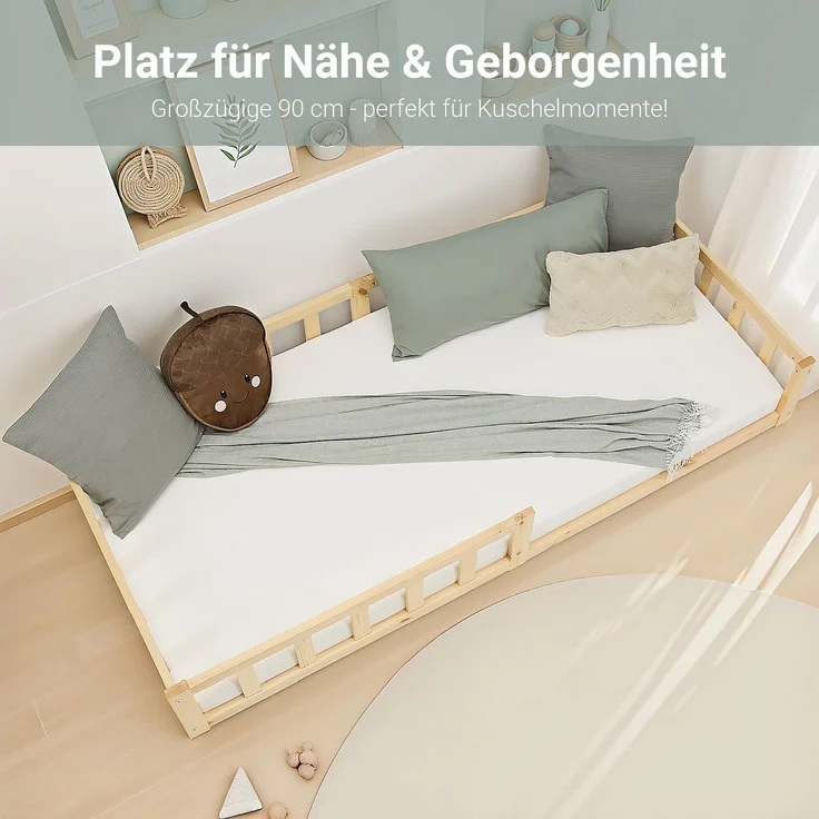 Kinderbett 90x200 Bodenbett mit Rausfallschutz Montessori Bett Kleinkindbett Holz Kiefer Natur Massiv Einzelbett Lattenrost Bettgestell – Bild 8