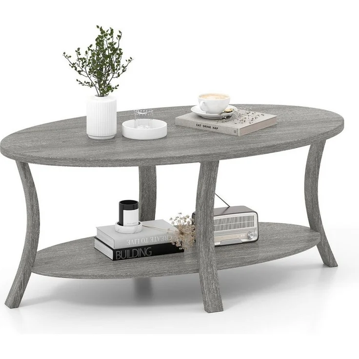 COSTWAY Couchtisch, ovaler Wohnzimmertisch mit Ablage, Holz – Bild 5