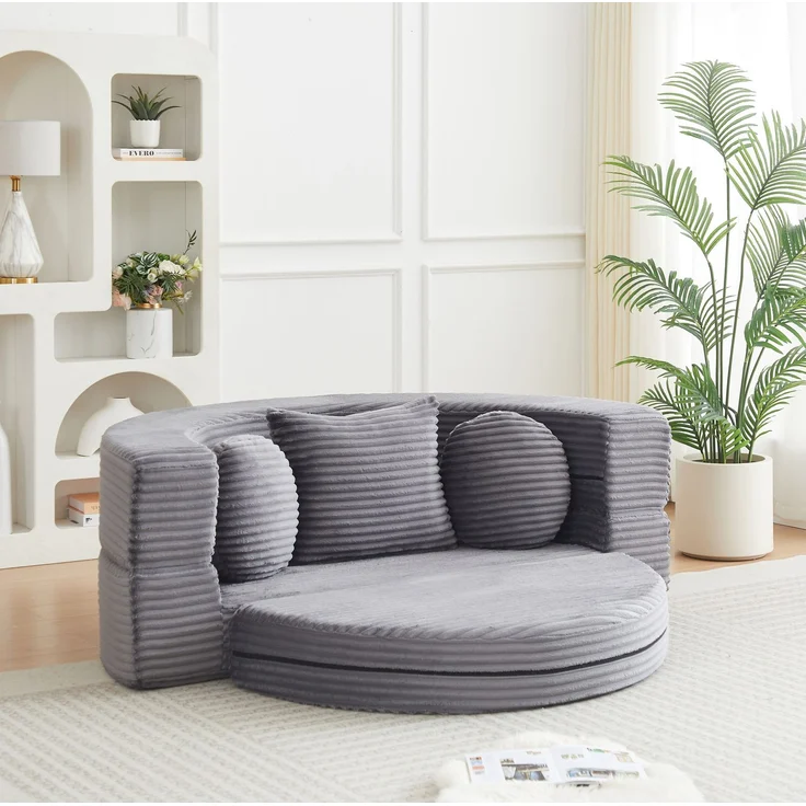 Schlafsofa aus Cord, 4-in-1 wandelbar zum runden Tagesbett, 180x183x55 cm, Grau – Bild 3