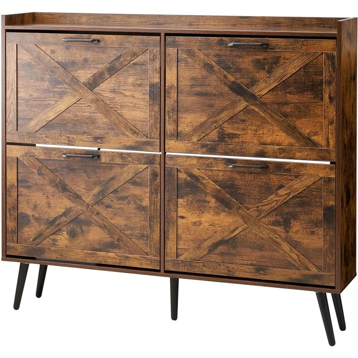 VEVOR Schuhschrank mit 4 Klappen & Kippschutz, platzsparender Schuhkipper, freistehender Schuhregal-Organizer für den Eingang Flur Wohnzimmer Veranda, Vintage Schuhregal 120 x 24 x 105 cm Braun – Bild 1