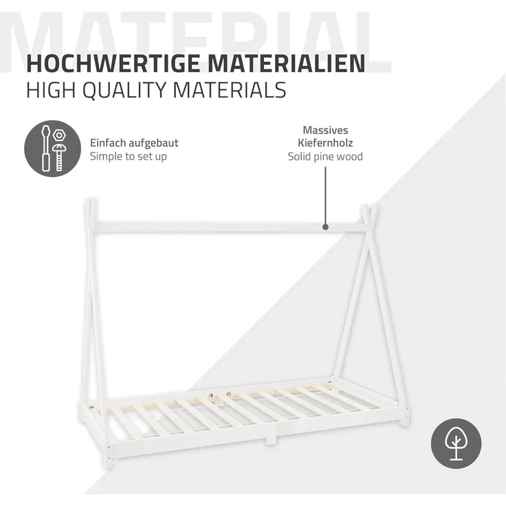 ML-DESIGN Kinderbett Hausbett Tipi Zeltbett inkl. Lattenrost Bodenbett Kinder Himmelbett, Abenteuerbett zum Spielen Zelt Spielbett Kiefer Bettenhaus Bett Weiß – Bild 7