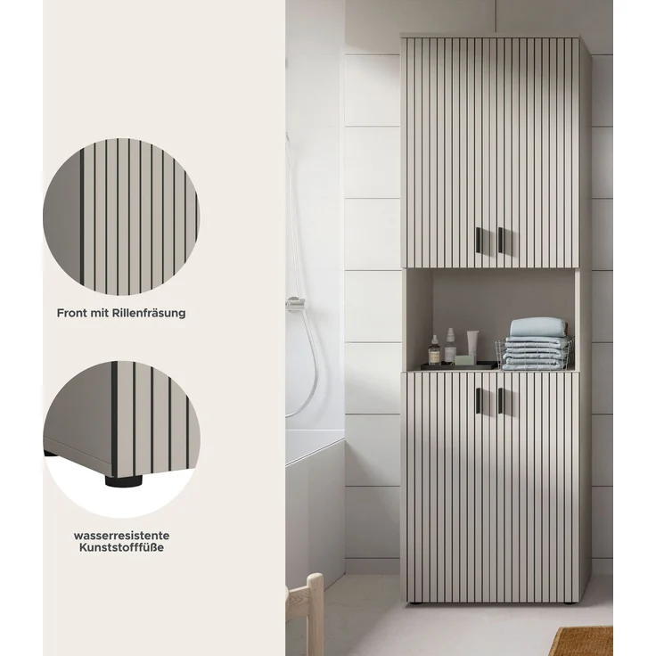 xonox. home – Badschrank Mone 60 x 192 x 30 cm in Kaschmir Nb – Breiter Hochschrank mit 4 Türen, 8 Fächern & offenem Fach – Maximaler Stauraum für Badutensilien, geradlinig & hochwertig verarbeitet – Bild 8