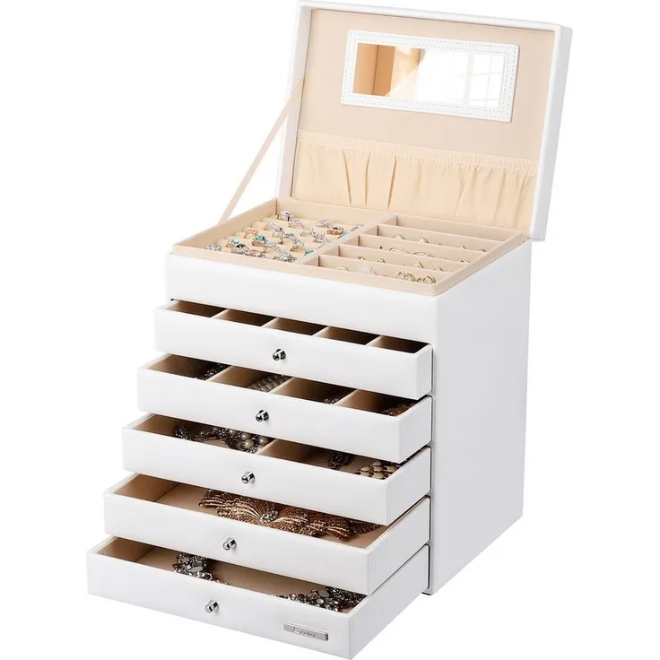 Yorbay Schmuckkasten Schmuckkästchen mit 6 Ebenen, 5 Schubladen (Mit Spiegel), zwei Farben, für Halsketten, Ringe, Armbänder, Ohrringe