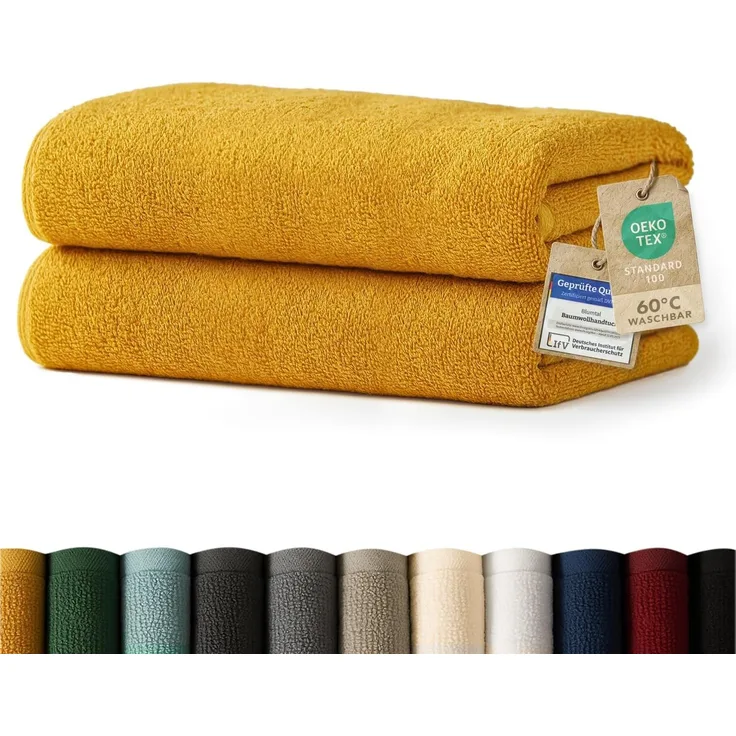 Blumtal Premium Frottier Handtücher Set mit Aufhängschlaufen - Baumwolle Oeko-TEX Zertifiziert, weich, saugstark - 2X Badetuch (70x140 cm), Spicy Mustard (Gelb)