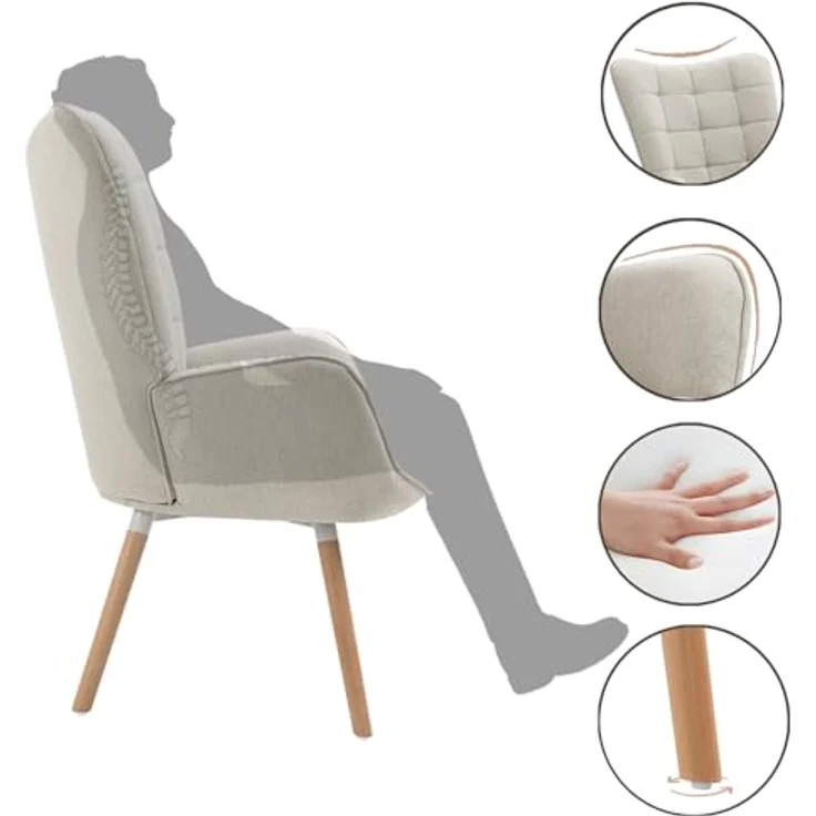 MEUBLE COSY Sessel Relaxsessel Lehnstühle Polstersessel Einzelsofa mit Holzbein Ohrensessel für Wohnzimmer Schlafzimmer Büro Vanity, Stoff, Beige – Bild 6