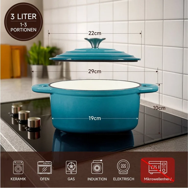 Zedelmaier Bräter Gusseisen Topf 22/24/26/28cm Incl. Silikon Topflappen Topfuntersetzer, (Set, 1 Pot mit 1 lid, 2 Ofenhandschuhe, 1 Topfuntersetzer), Backofengeeignet Induktionsgeeignet Zum Braten, Schmoren, Kochen – Bild 2