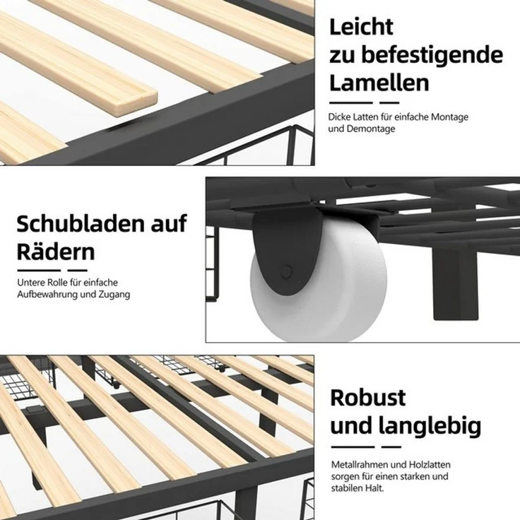 oyajia Polsterbett LED Doppelbett 140x200cm mit Ladefunktion und 4 Schubladen Polsterbett (Modernes Jugendbett, Leises Design Bett, Max. Belastbarkeit 365 kg), 140x200 cm, ausziehbare Bettkästen, LED-Licht, gepolstertes Kopfteil – Bild 4