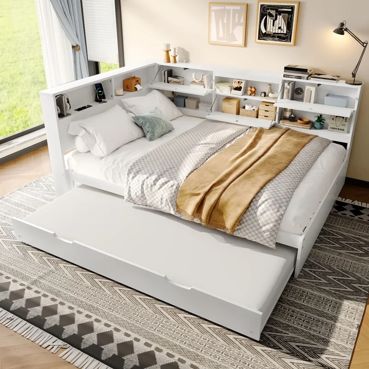 Bett 140x200 cm ohne Matratze, ausziehbares Daybett mit Stauraum-Kopfteil, USB & Typ-C, Weiß – Bild 4