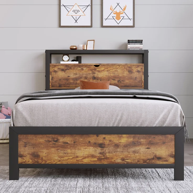 Metallbett mit Stauraum-Kopfteil & Lattenrost, 100x216x95 cm, Natur, ohne Matratze – Bild 7
