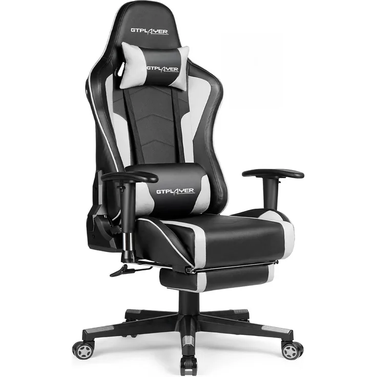 GTPLAYER Gaming Stuhl Gamer Stuhl mit Fußstütze Bluetooth Lautsprecher Ergonomischer Bürostuhl Computerstuhl Schreibtischstuhl PC Stuhl mit verstellbare Rückenlehne 200 kg Belastbarkeit weiß