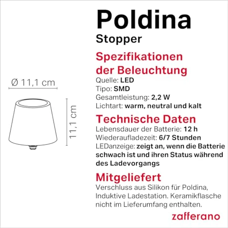 Zafferano, Poldina Stopper Lampe, Kabellose und Wiederaufladbare Flaschenlampe mit Touch Control, Geeignet für den Innen- und Außenbereich, Dimmer, 2200-3000 K, Höhe 11 cm, Farbe Schwarz – Bild 4