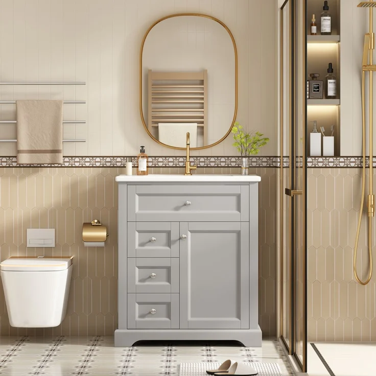 76x46x87cmBodenstehender Badezimmerschrank mit Waschbeck, Waschtisch, feuchtigkeitsbeständig lackiert, Soft-Close-Schubladenführungen, Türregale,ausklappbare Schublade,verstellbare Ablagefläche, grau – Bild 2
