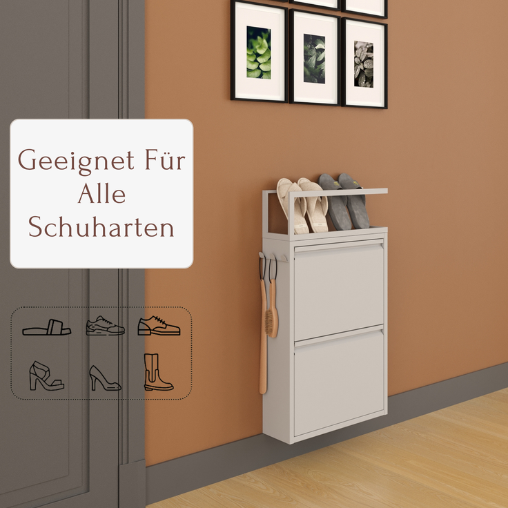 Schuhkipper mit Zubehör, Grau, 2 Klappen 52x15x85,5 cm, Pantoffelregal, Hakenleiste – Bild 2