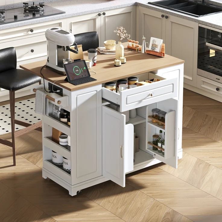 Kücheninsel mit Rollen,Ausziehbarer Essbereich Kücheninsel mit Multifunktionsschubladen und Abfallbehälterfach Mobile Kücheninsel Ideal für Küche und Esszimmer,Weiß, – Bild 3