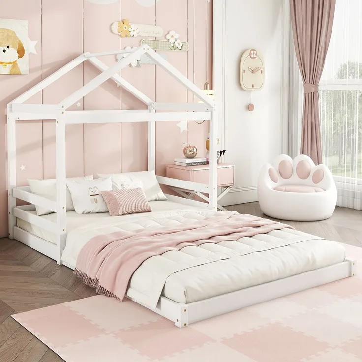 Hausbett 140x200 cm für Kinder, Kinderbett in Hausform mit Lattenrost,modernes Montessori Bett,stabiles Holzhausbett, Weiß