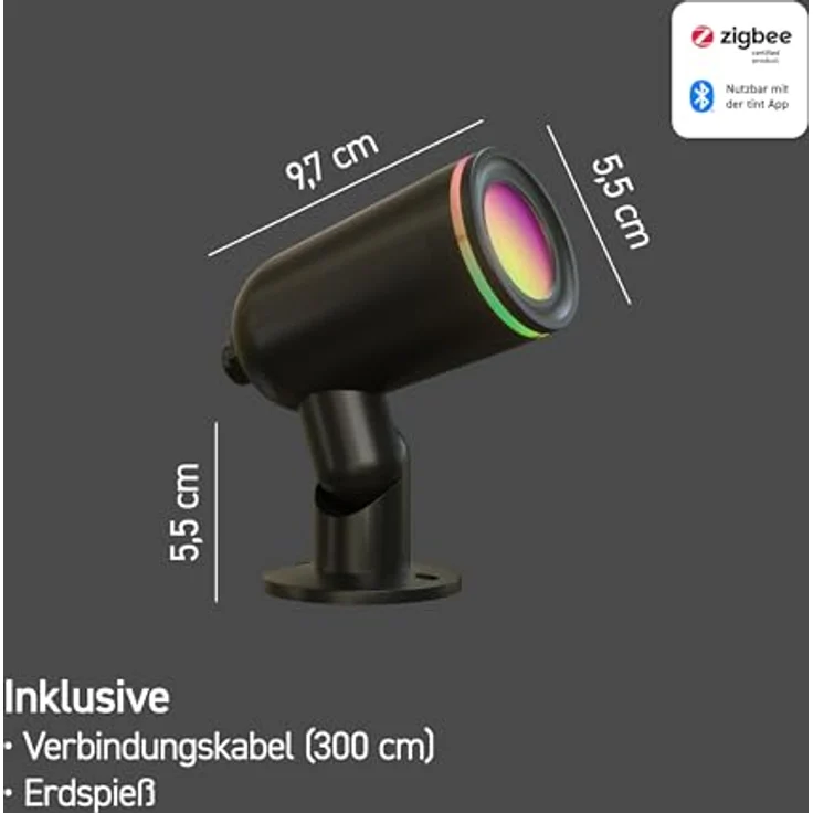 tint Flores GEN 3, Smarter Outdoor LED Gartenstrahler Erweiterungsspot mit Erdspieß, RGB Farbwechsel, IP44, dimmbar, 13 W, 9 m Kabellänge, Zigbee & BT, kompatibel mit Alexa & tint App – Bild 2