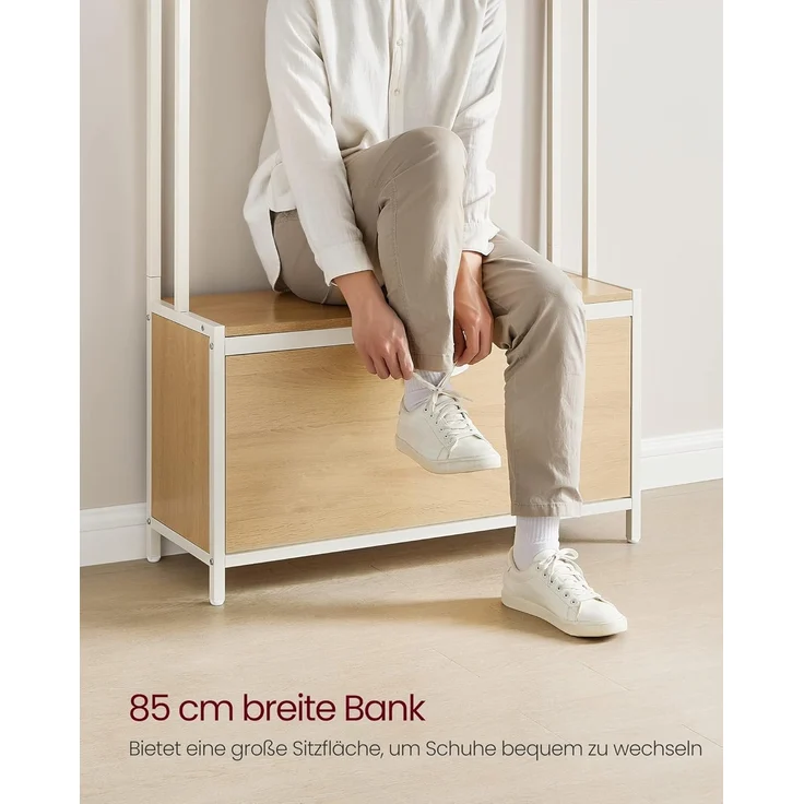 Vasagle Garderobenständer mit Schuhschrank, Garderobe mit Sitzbank, Kleiderständer, Schuhkipper, 9 Haken, obere Ablage, für Flur, Schlafzimmer, modernes Design, eichenfarben-weiß von Songmics RSH405W09 – Bild 5