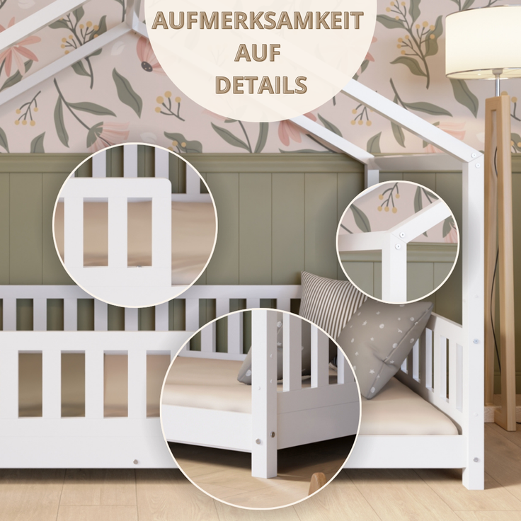 Crazy Pine 'Crazy House' Hausbett mit abnehmbaren Rausfallschutz, Naturholz, Weiß, 90x200 cm, mit Höhenverstellbaren Beinen – Bild 9