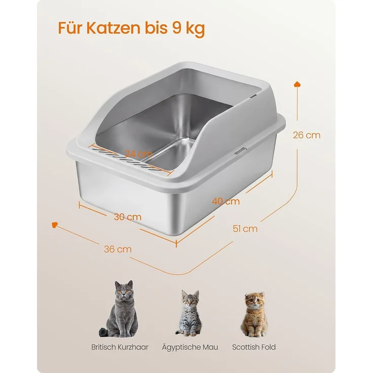 FEANDREA Edelstahl Katzenklo XXL Offen mit Hohem Rand und Spritzschutz 51 x 36 x 26 cm Grau – Bild 7