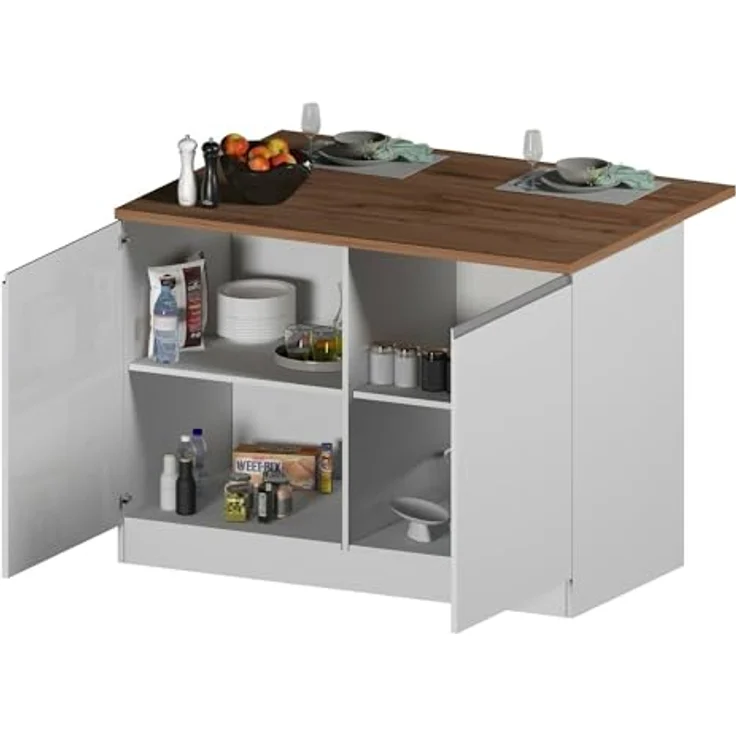Dmora - Kücheninsel Emmanuel, Mehrzweckschrank, Küchenzeile Schrank, Zusätzlicher Tisch, 100% Made in Italy, 125 x 90 x 90 cm, glänzendes Weiß und Eiche – Bild 4