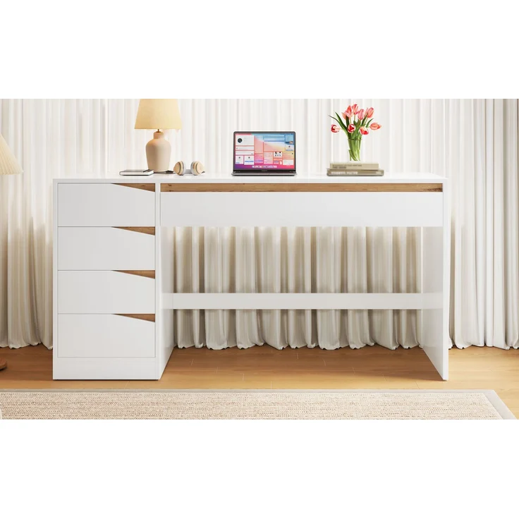 ZUBALIYA Schreibtisch 140x50 cm mit 5 Schubladen, Weiß/Eiche-Optik, Moderner Computertisch mit extra großer Arbeitsfläche, Schminktisch mit Stauraum, Bürotisch für Homeoffice, Schlafzimmer und Arbeitszimmer – Bild 14