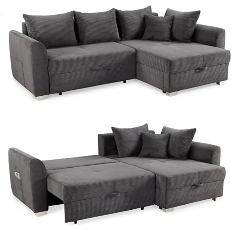Ecksofa L-Form Couch Polsterecke Schlaffunktion Bettkasten Cord Dunkelgrau