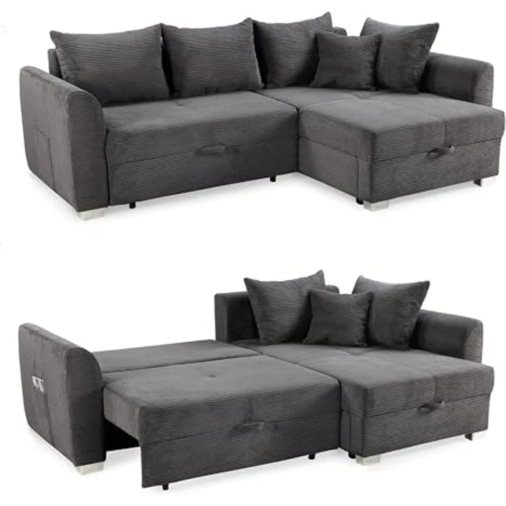 Ecksofa L-Form Couch Polsterecke Schlaffunktion Bettkasten Cord Dunkelgrau – Bild 1