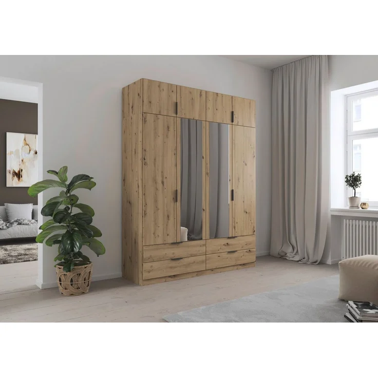 Rauch Möbel Lagoa, Kleiderschrank, Garderobe für Schlafzimmer, Kinderzimmer, Jugendzimmer 8-türig,mit Spiegel, 4 Schubladen, mit Zubehör Premium, Farbe Eiche Artisan, Holz, Breite 181 – Bild 2
