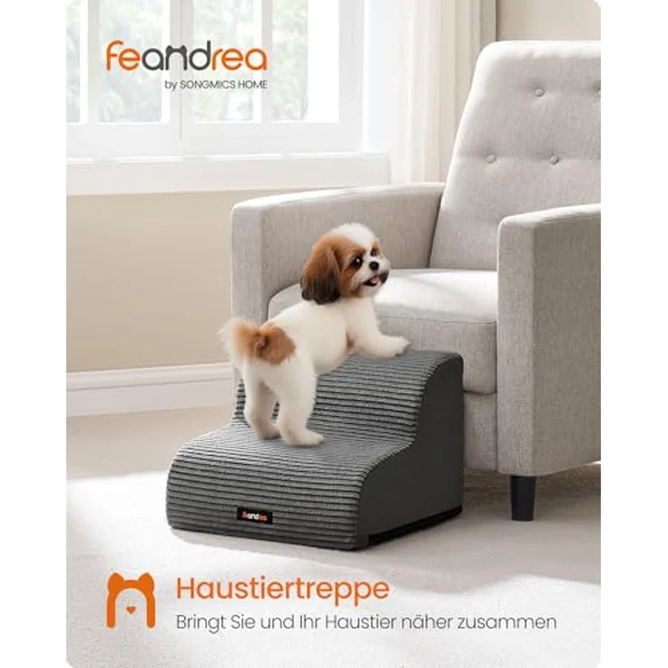 Feandrea Hundetreppe, 2 Stufen, Cord mit Querstreifen, Haustiertreppe, für Bett, Sofa, wasserdicht, rutschfest, geringe Neigung, Abnehmbarer waschbarer Bezug, Griff, schiefergrau PPS002GN01 – Bild 3