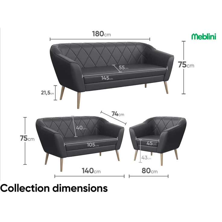 MEBLINI Sofa-Set GISELA 3+2 - Grau Kunstleder - für Wohnzimmer - Mini Lounge für fünf Personen - Küchensofa - Sofa Klein - Sitzgarnitur - Polstergarnitur - Sofagarnituren – Bild 5