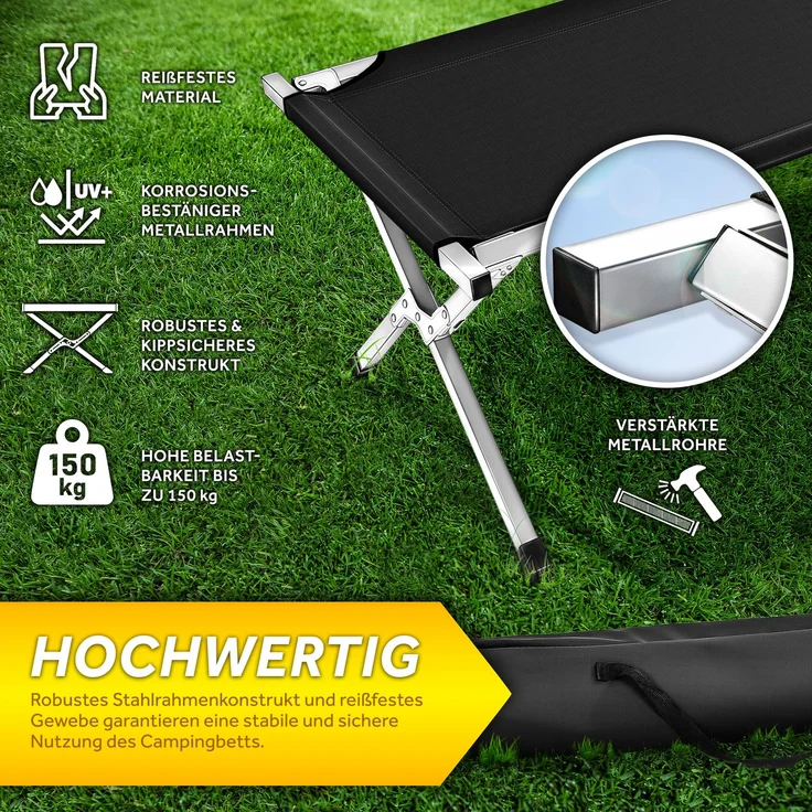 TRESKO XXL Campingbett Feldbett 190 x 64 x 44 cm Metallrohr - Belastbarkeit bis 150kg Schwarz – Bild 3
