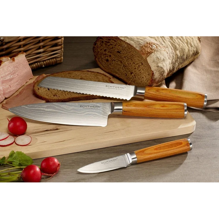 ECHTWERK Messer-Set Damaszener (Set, 3-tlg), Küchenmesser-Set mit Holzgriffen in natürlicher Optik – Bild 2