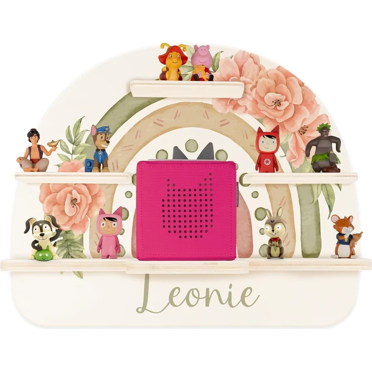 Kidsmood - Tonie Regal Mädchen mit Schutzfolie, Magnetisches Regenbogen Wandregal fürs Kinderzimmer, Aussparung für Ladegerät & Kabel – Geschenk für kleine Prinzessinnen mit Blumen Muster