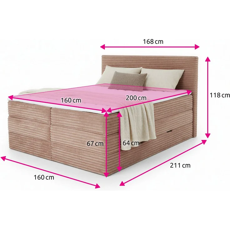 Boxspringbett Mollo XL mit 2 Bettkästen und Topper, mit Taschenfederkern- und Bonellfederkernmatratze, Doppelbett, Polsterbett aus Cordstoff mit Stauraum (Grau (Tilia 86), 160 x 200 cm) – Bild 4