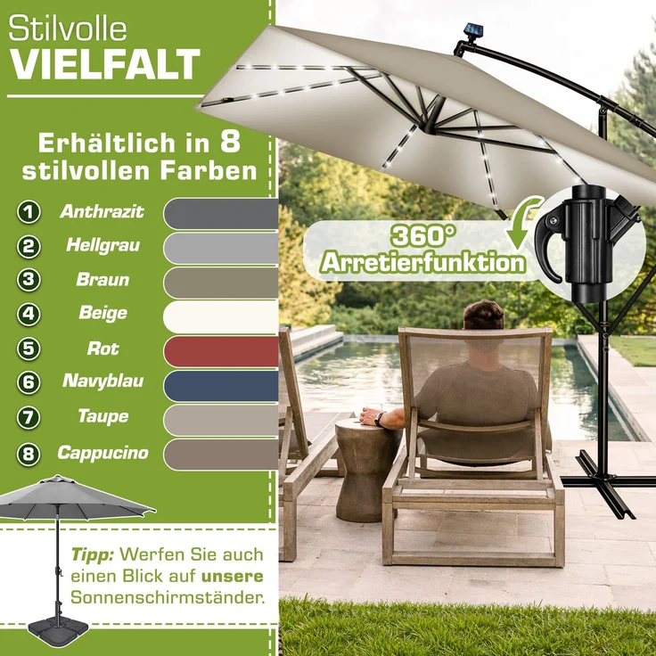 tillvex® Alu Sonnenschirm Rechteckig Ø 330 cm mit LED Solar Taupe + Abdeckung mit Kurbel | Ampelschirm mit Ständer & Windschutz | Gartenschirm UV-Schutz, wasserdicht, 360° drehbar | Kurbelschirm Marktschirm – Bild 10