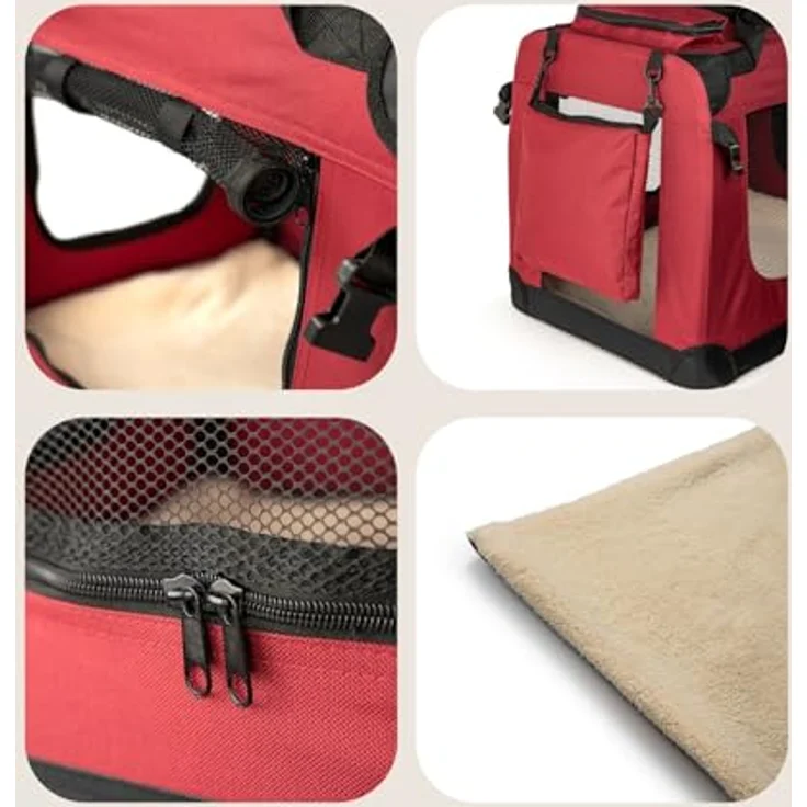 lionto Hundetransportbox, Faltbar, für Reise & Auto, 90x61x65 cm, Rot | Stabile Hundebox aus Stoff mit Netzfenstern, Tragegriffen, weicher Decke & Taschen, für Katzen & Hunde bis 22 kg geeignet – Bild 4